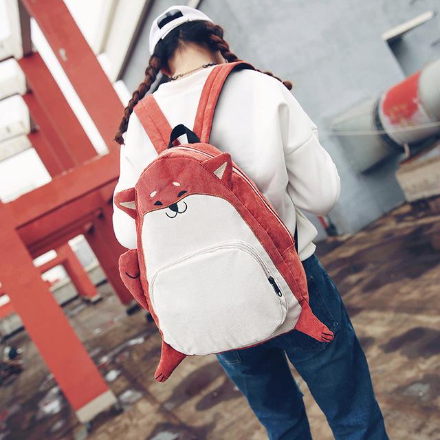 Women's Canvas Cute Dog Fox Ear Embroidery Corduroy Backpack Schoolbag - Backpacks - DYAVOR®