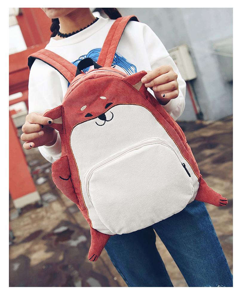 Women's Canvas Cute Dog Fox Ear Embroidery Corduroy Backpack Schoolbag - Backpacks - DYAVOR®