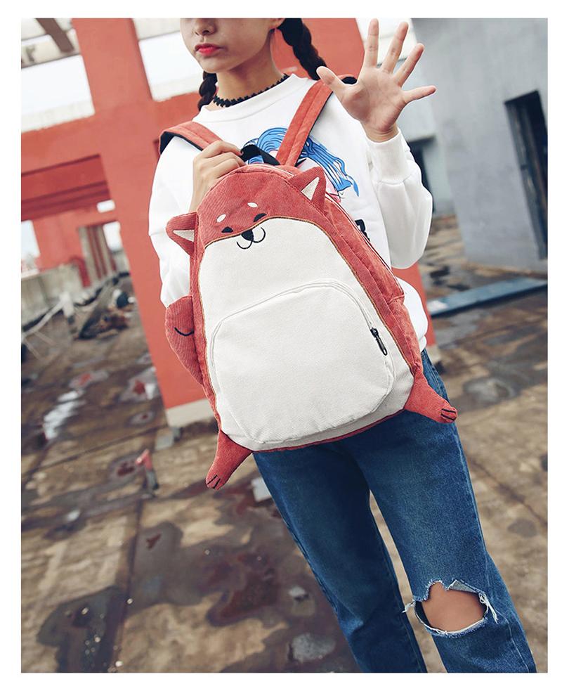 Women's Canvas Cute Dog Fox Ear Embroidery Corduroy Backpack Schoolbag - Backpacks - DYAVOR®