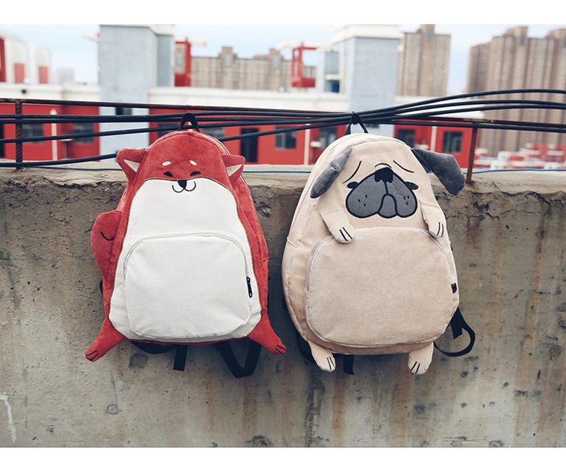 Women's Canvas Cute Dog Fox Ear Embroidery Corduroy Backpack Schoolbag - Backpacks - DYAVOR®