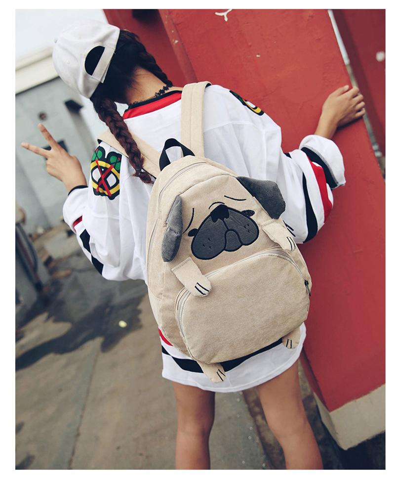 Women's Canvas Cute Dog Fox Ear Embroidery Corduroy Backpack Schoolbag - Backpacks - DYAVOR®