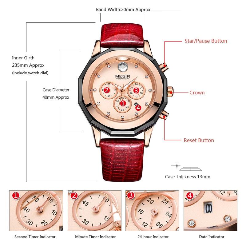 Women's Chronograph Red Leather Strap Quartz Watches with Luminous Hands - Watches for Women - DYAVOR®