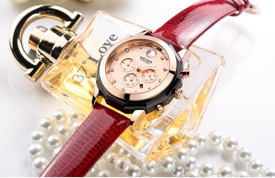 Women's Chronograph Red Leather Strap Quartz Watches with Luminous Hands - Watches for Women - DYAVOR®