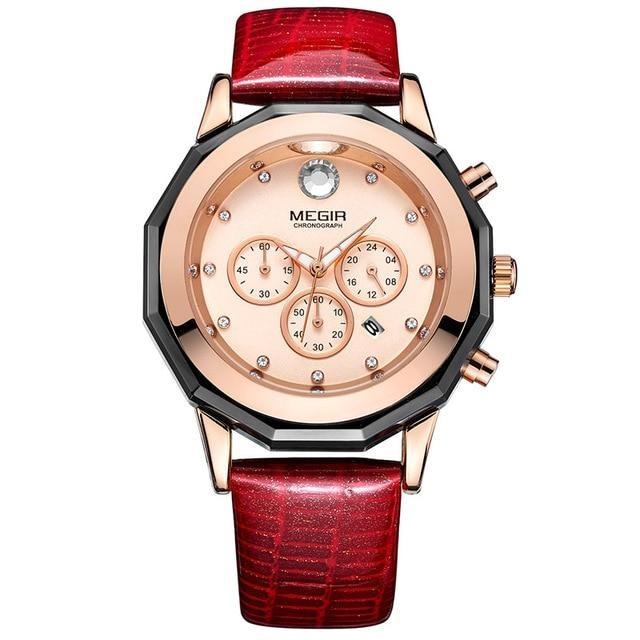 Women's Chronograph Red Leather Strap Quartz Watches with Luminous Hands - Watches for Women - DYAVOR®