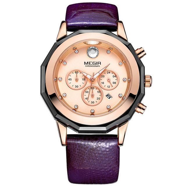 Women's Chronograph Red Leather Strap Quartz Watches with Luminous Hands - Watches for Women - DYAVOR®