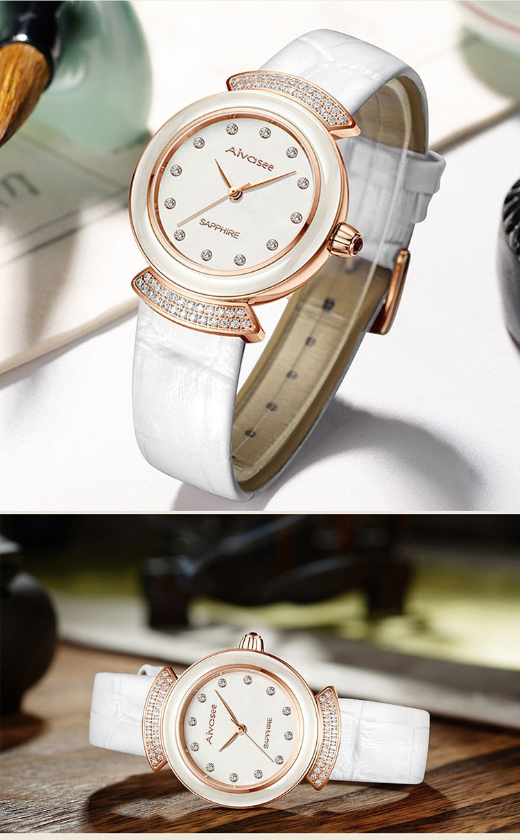 Women's Diamond Emerald Slim Dial Genuine Leather Quartz Watch - Watches for Women - DYAVOR®