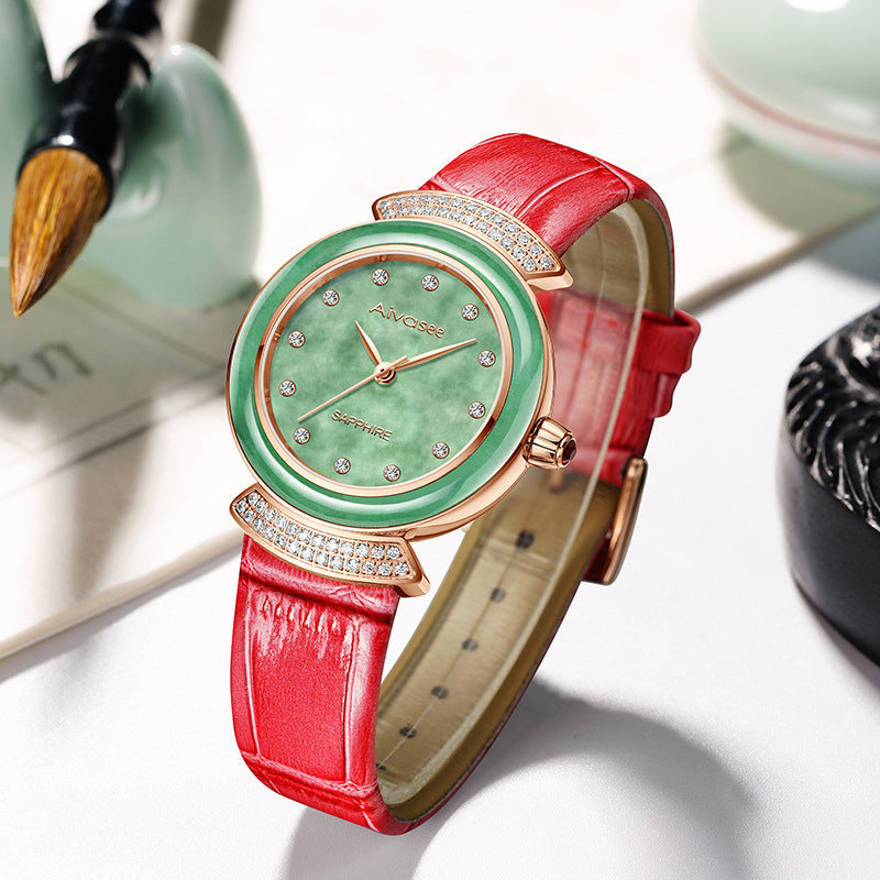Women's Diamond Emerald Slim Dial Genuine Leather Quartz Watch - Watches for Women - DYAVOR®