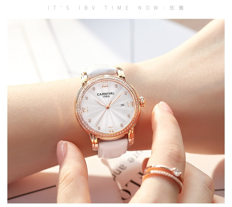 Women's Luxury Automatic Date Rhinestone Mechanical Leather Dress Watch - Watches for Women - DYAVOR®