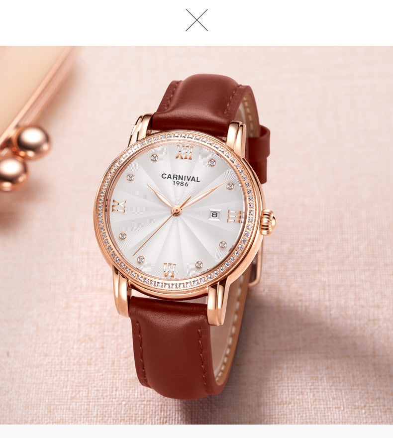 Women's Luxury Automatic Date Rhinestone Mechanical Leather Dress Watch - Watches for Women - DYAVOR®