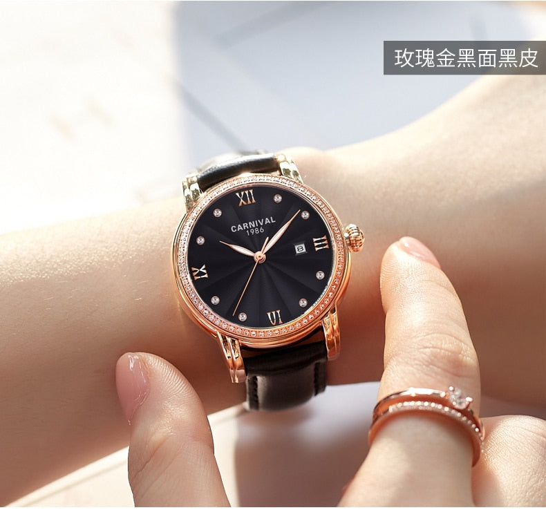 Women's Luxury Automatic Date Rhinestone Mechanical Leather Dress Watch - Watches for Women - DYAVOR®