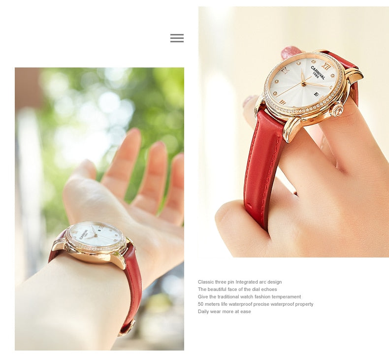 Women's Luxury Automatic Date Rhinestone Mechanical Leather Dress Watch - Watches for Women - DYAVOR®