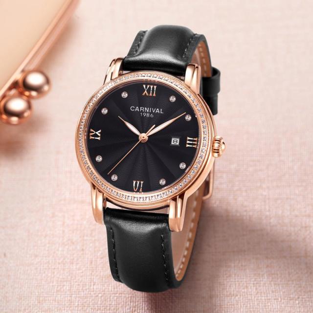 Women's Luxury Automatic Date Rhinestone Mechanical Leather Dress Watch - Watches for Women - DYAVOR®