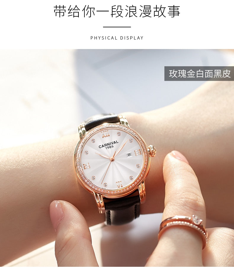 Women's Luxury Automatic Date Rhinestone Mechanical Leather Dress Watch - Watches for Women - DYAVOR®