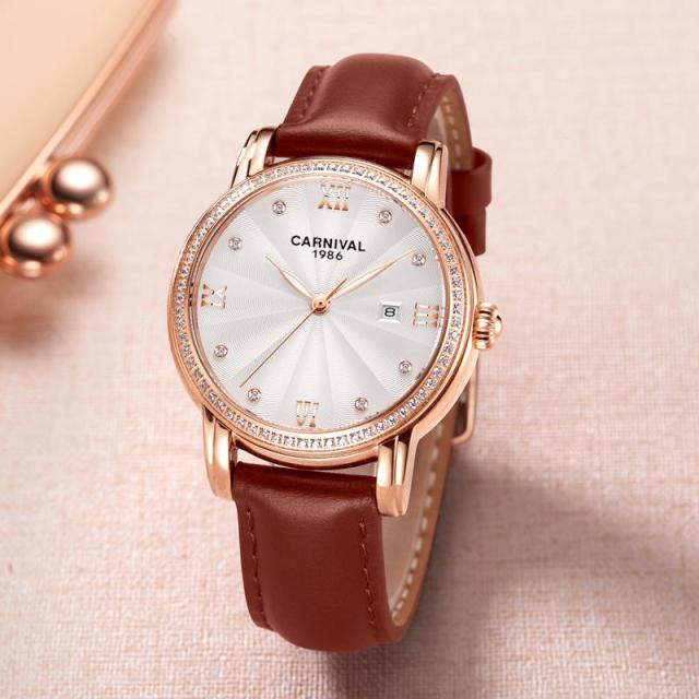 Women's Luxury Automatic Date Rhinestone Mechanical Leather Dress Watch - Watches for Women - DYAVOR®