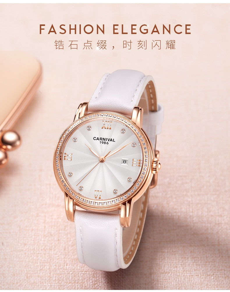Women's Luxury Automatic Date Rhinestone Mechanical Leather Dress Watch - Watches for Women - DYAVOR®