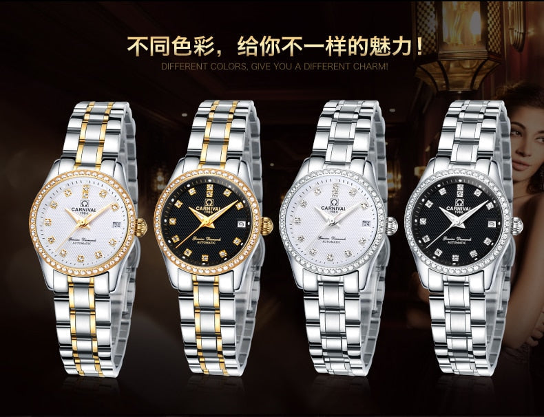 Women's Luxury Rhinestone Automatic Mechanical Date Steel Band Watch - Watches for Women - DYAVOR®