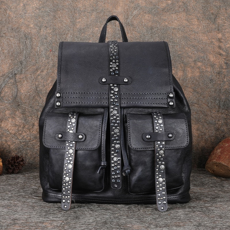 Women's Soft Top Layer Cowhide Handmade Rivet Decor Travel Backpacks - Backpacks - DYAVOR®