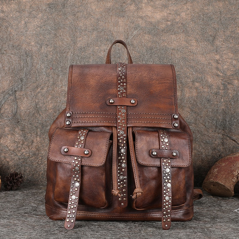 Women's Soft Top Layer Cowhide Handmade Rivet Decor Travel Backpacks - Backpacks - DYAVOR®