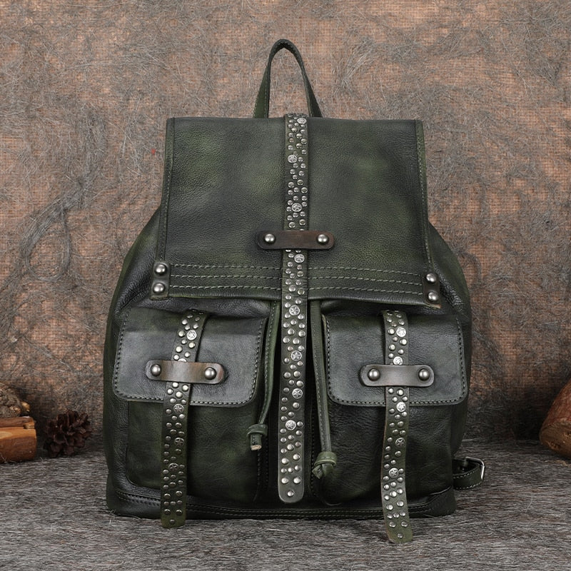 Women's Soft Top Layer Cowhide Handmade Rivet Decor Travel Backpacks - Backpacks - DYAVOR®