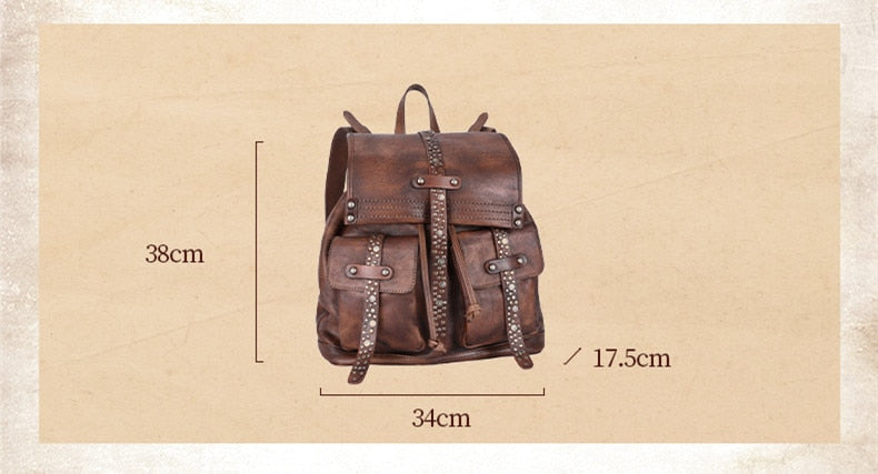 Women's Soft Top Layer Cowhide Handmade Rivet Decor Travel Backpacks - Backpacks - DYAVOR®
