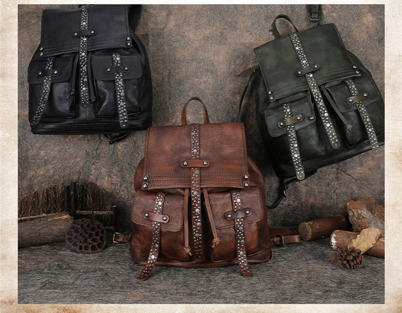 Women's Soft Top Layer Cowhide Handmade Rivet Decor Travel Backpacks - Backpacks - DYAVOR®
