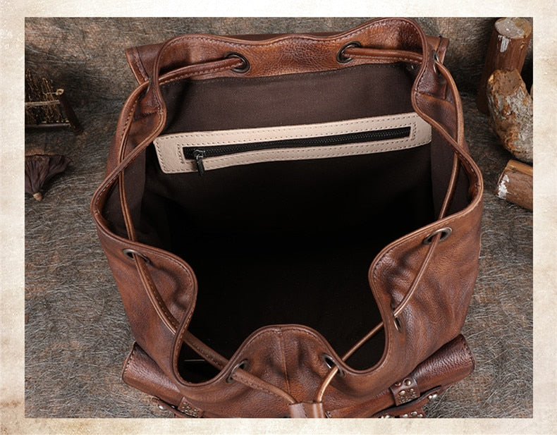 Women's Soft Top Layer Cowhide Handmade Rivet Decor Travel Backpacks - Backpacks - DYAVOR®