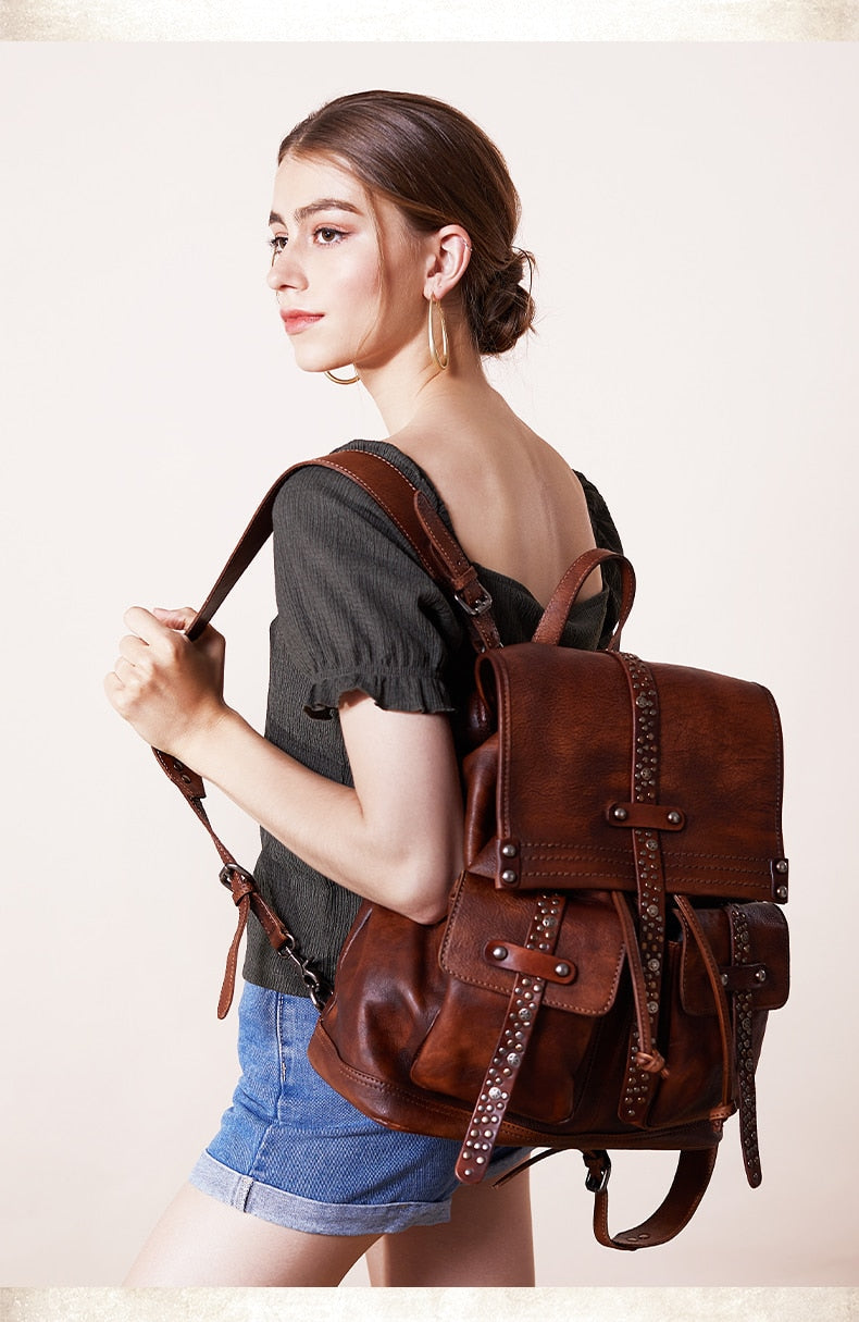Women's Soft Top Layer Cowhide Handmade Rivet Decor Travel Backpacks - Backpacks - DYAVOR®