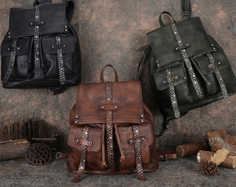 Women's Soft Top Layer Cowhide Handmade Rivet Decor Travel Backpacks - Backpacks - DYAVOR®