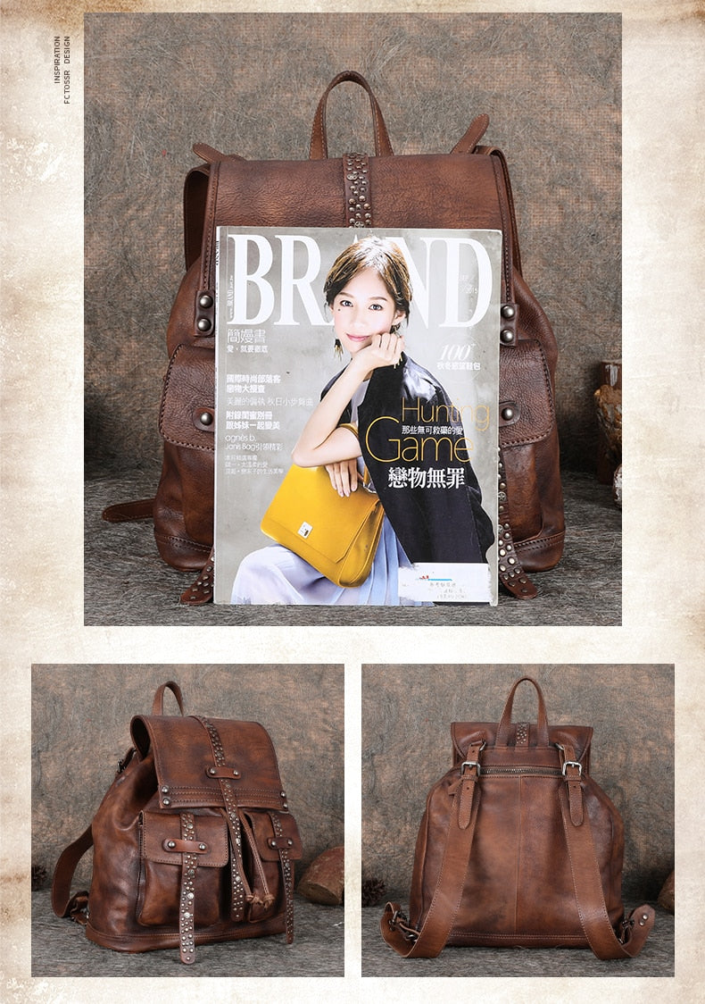 Women's Soft Top Layer Cowhide Handmade Rivet Decor Travel Backpacks - Backpacks - DYAVOR®
