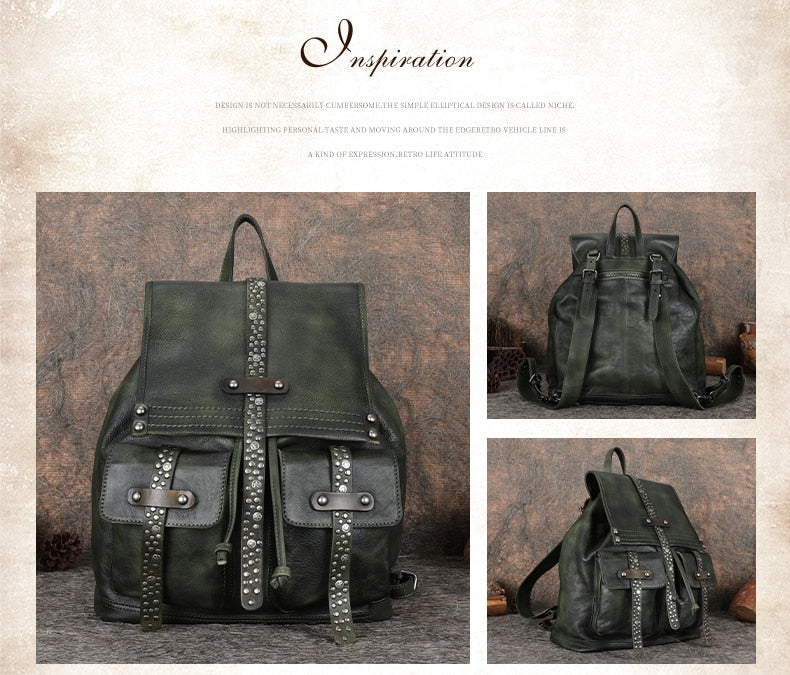 Women's Soft Top Layer Cowhide Handmade Rivet Decor Travel Backpacks - Backpacks - DYAVOR®
