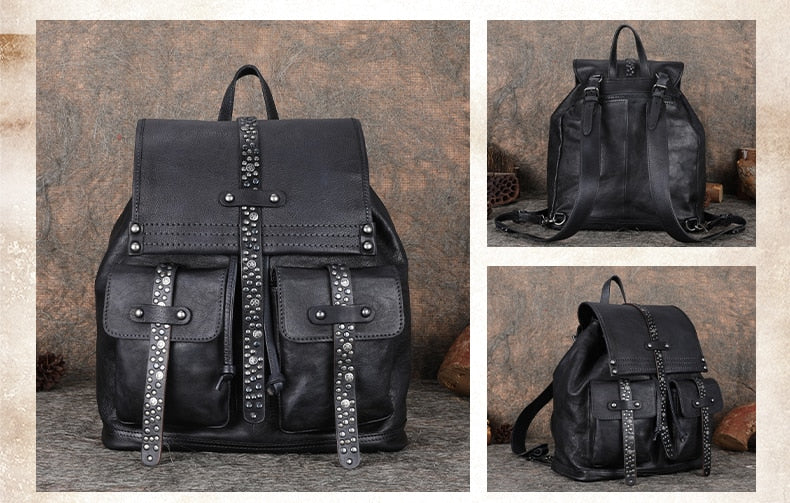Women's Soft Top Layer Cowhide Handmade Rivet Decor Travel Backpacks - Backpacks - DYAVOR®