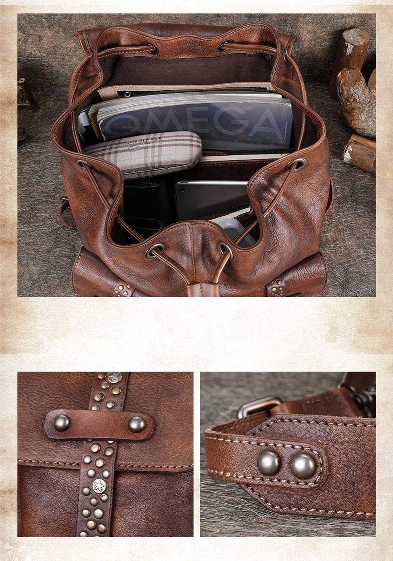 Women's Soft Top Layer Cowhide Handmade Rivet Decor Travel Backpacks - Backpacks - DYAVOR®