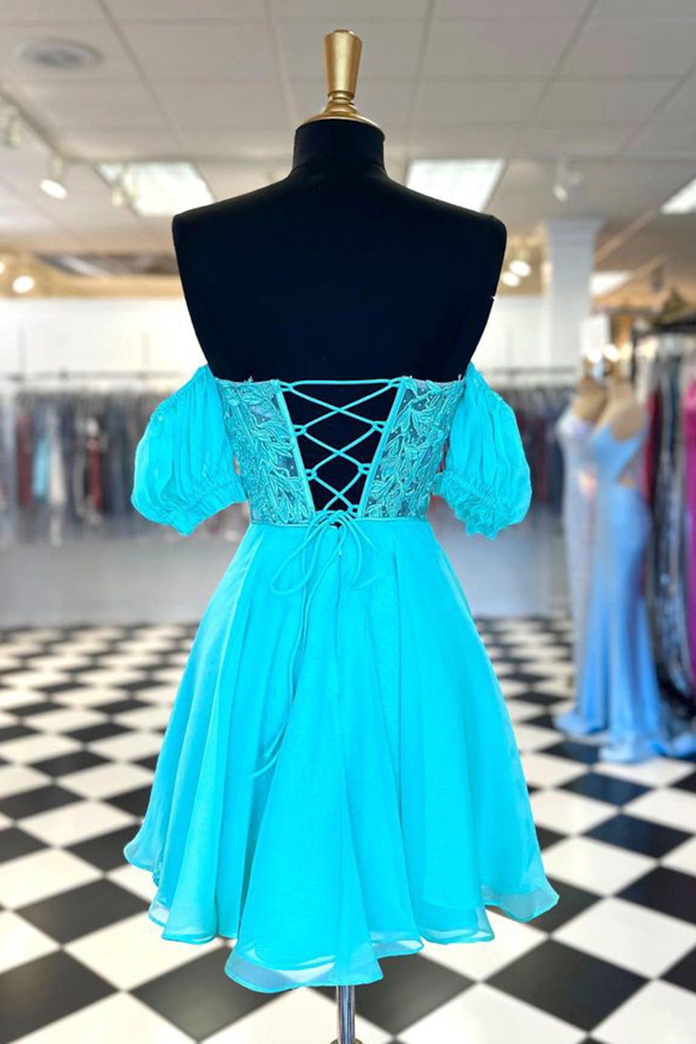  Lavinia |A Line Lace Off the Shoulder Homecoming Dress with Appliques - Cocktail Dress - DYAVOR® 