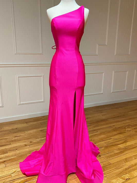  Pink Mermaid One Shoulder Long Prom Dress - Prom Dress - DYAVOR® 