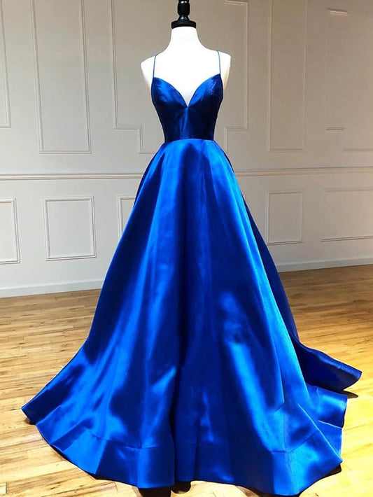 Royal Blue Satin A Line V Neck Long Prom Dress - Prom Dress - DYAVOR® 