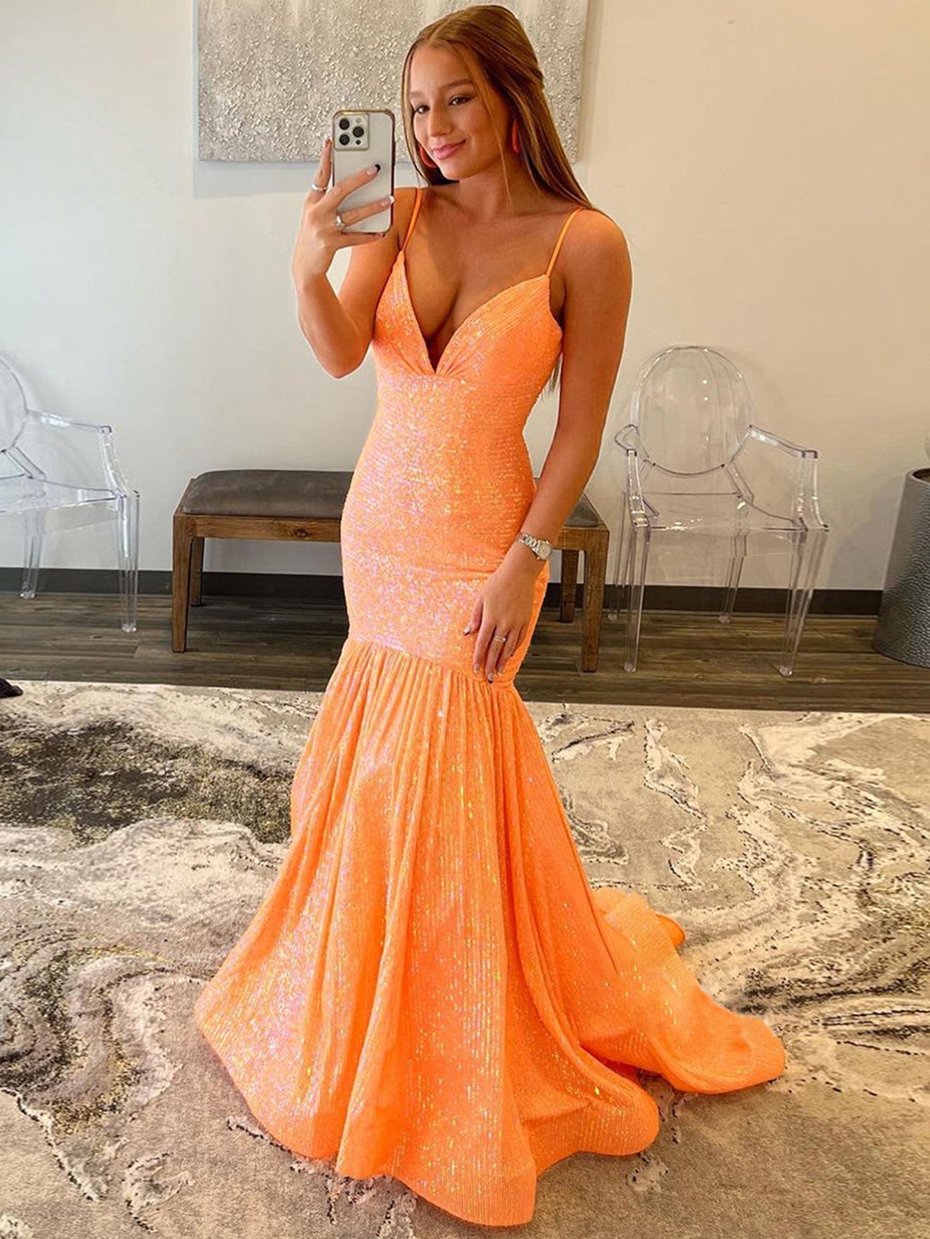  Amaris |Mermaid Orange V Neck Sequins Prom Dress - Prom Dress - DYAVOR® 