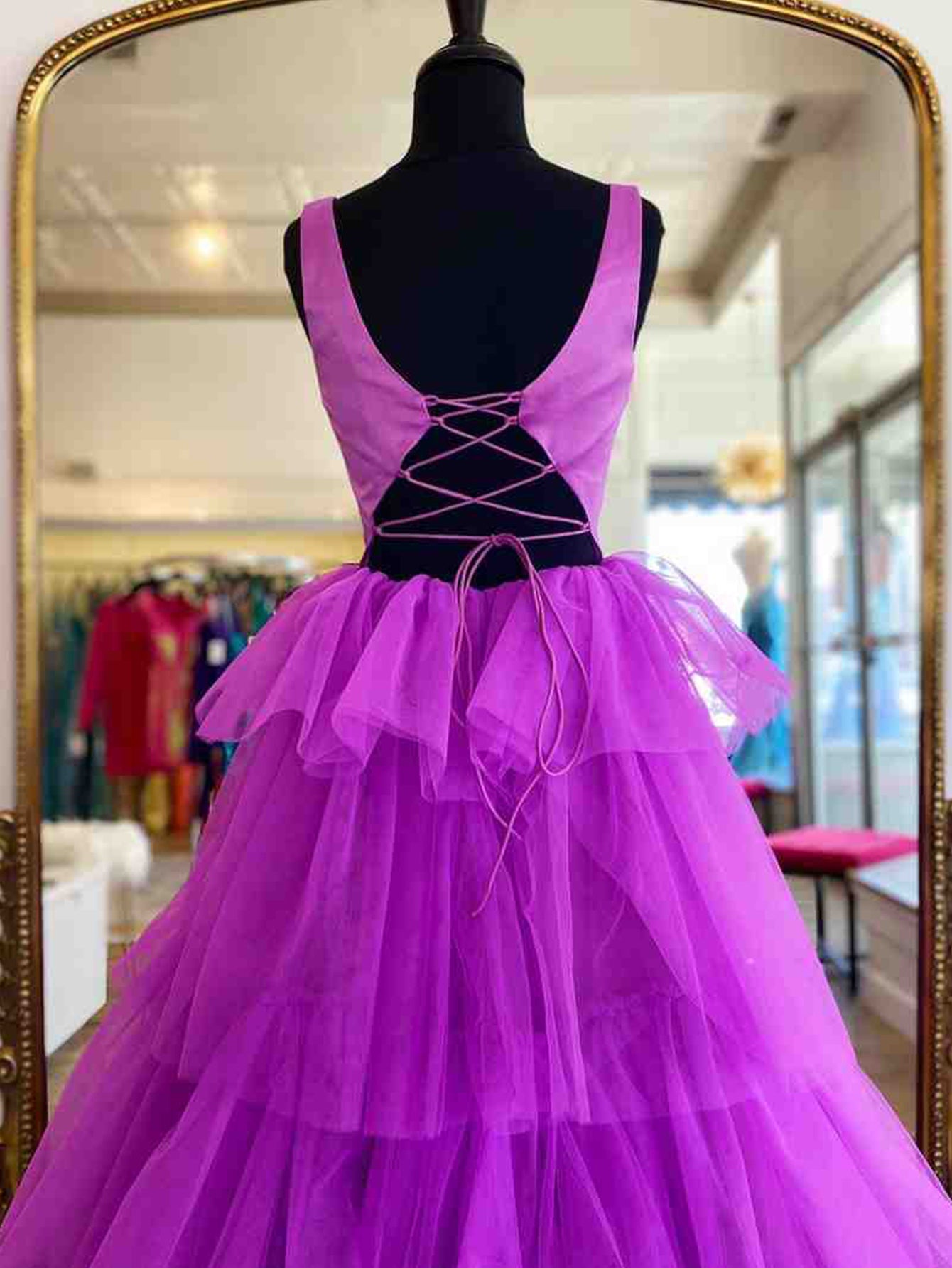  A Line Ruffles Purple Tulle Long Prom Dress - Prom Dress - DYAVOR® 