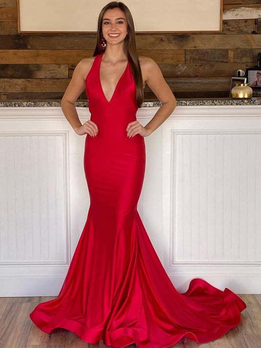  Halter Deep V Neck Red Long Bodycon Prom Dress - Prom Dress - DYAVOR® 