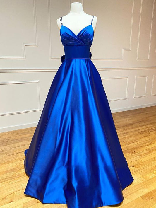  Royal Blue Satin A Line V Neck Long Prom Dress With Bow Tie - Prom Dress - DYAVOR® 