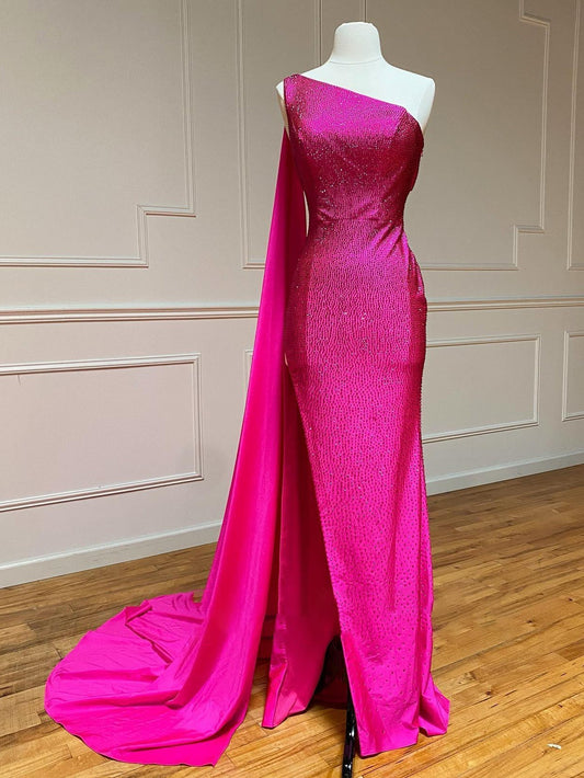  One Shoulder Glitter Mermaid Pink Long Prom Dress - Prom Dress - DYAVOR® 