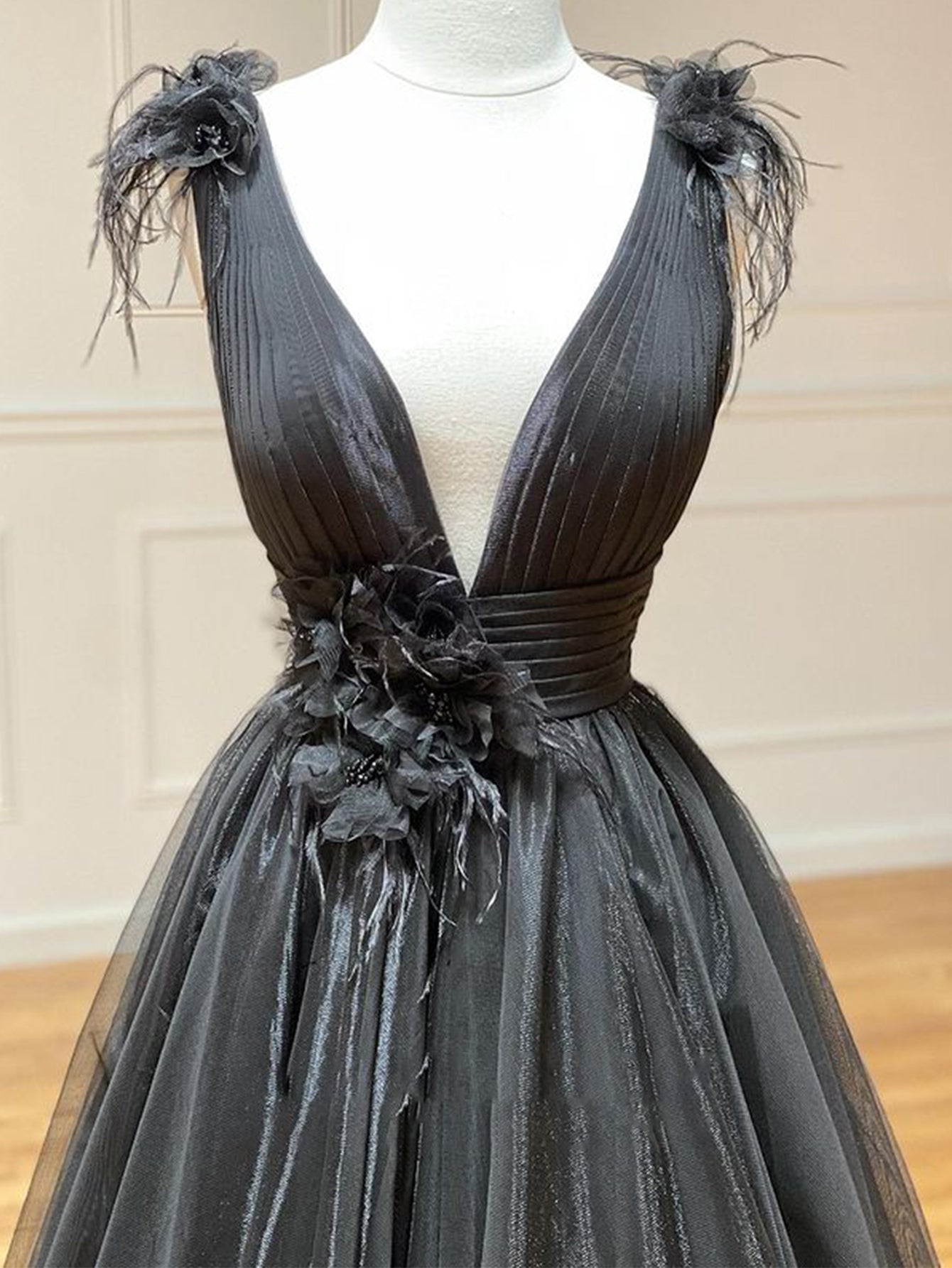  A Line Black V Neck Tulle Long Prom Dress - Prom Dress - DYAVOR® 