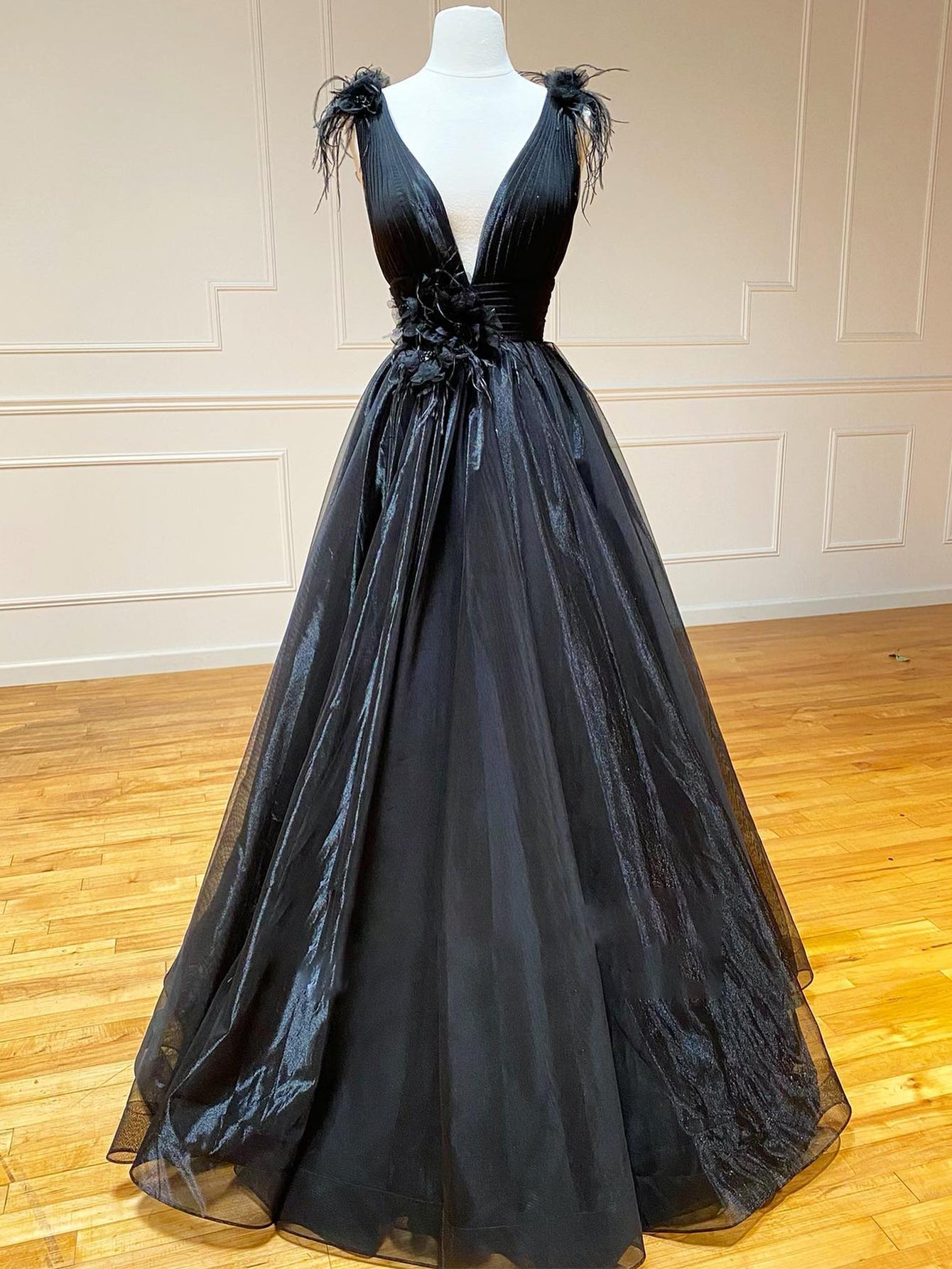  A Line Black V Neck Tulle Long Prom Dress - Prom Dress - DYAVOR® 