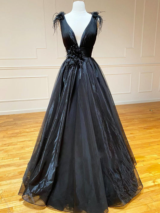  A Line Black V Neck Tulle Long Prom Dress - Prom Dress - DYAVOR® 