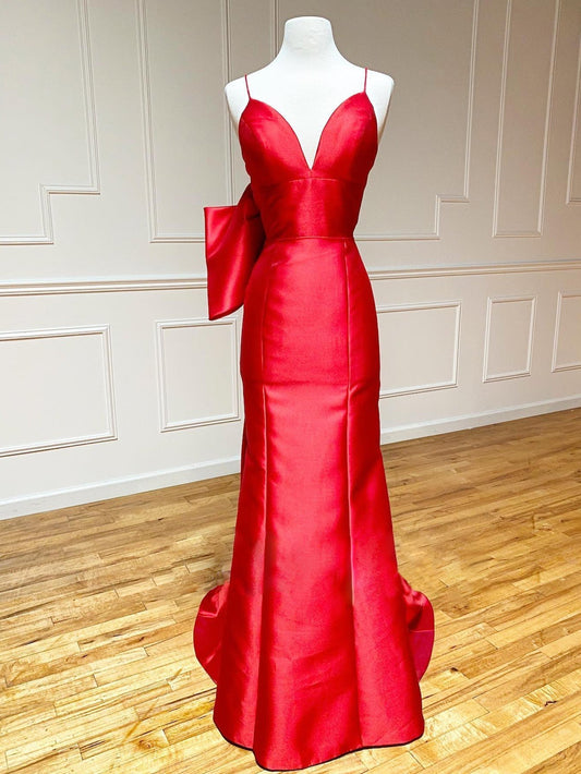  Red Satin Mermaid V Neck Long Prom Dress With Bow Tie - Prom Dress - DYAVOR® 