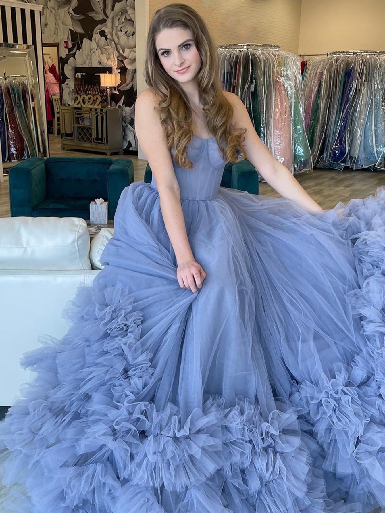  Strapless Blue A-Line Tiered Long Prom Dress - Prom Dress - DYAVOR® 