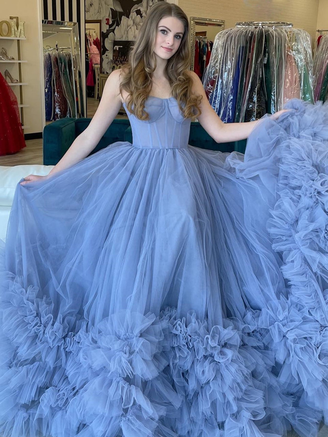  Strapless Blue A-Line Tiered Long Prom Dress - Prom Dress - DYAVOR® 