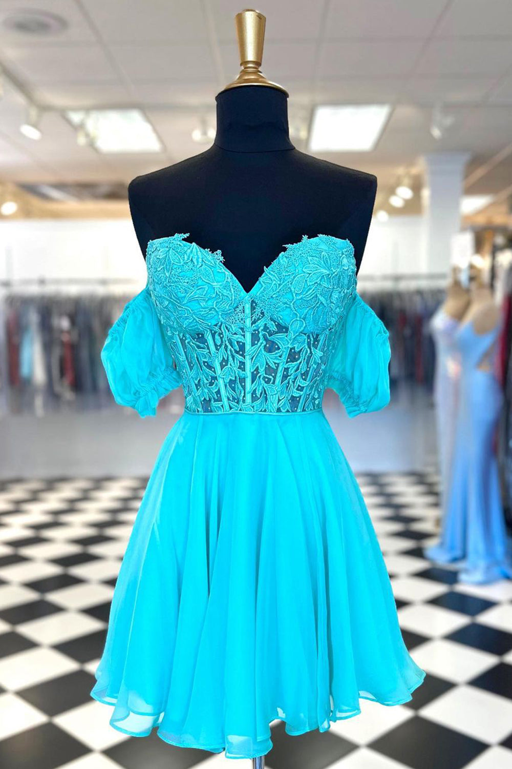  Lavinia |A Line Lace Off the Shoulder Homecoming Dress with Appliques - Cocktail Dress - DYAVOR® 