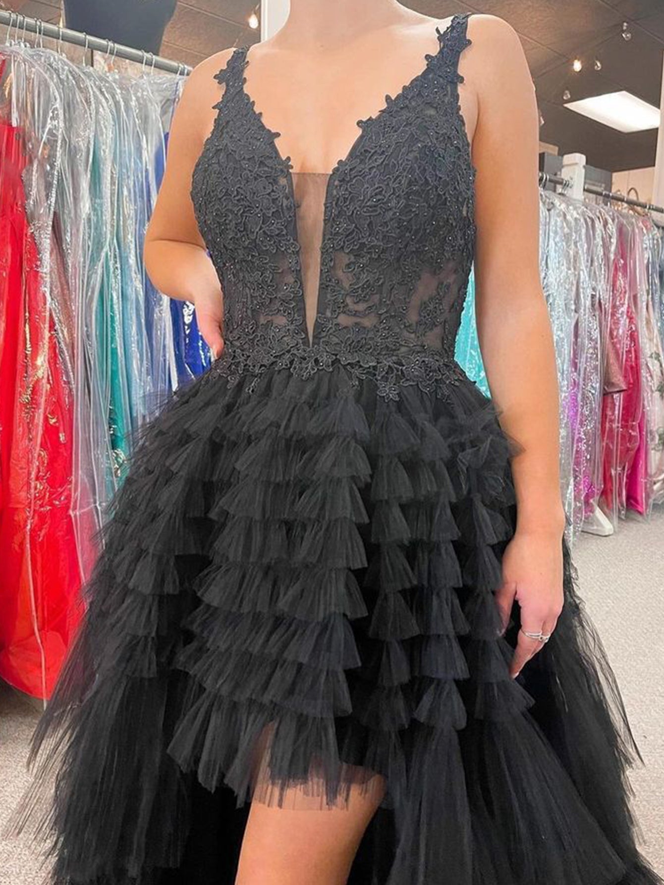  Black V Neck Asymmetrical Tulle Long Prom Dress - Prom Dress - DYAVOR® 