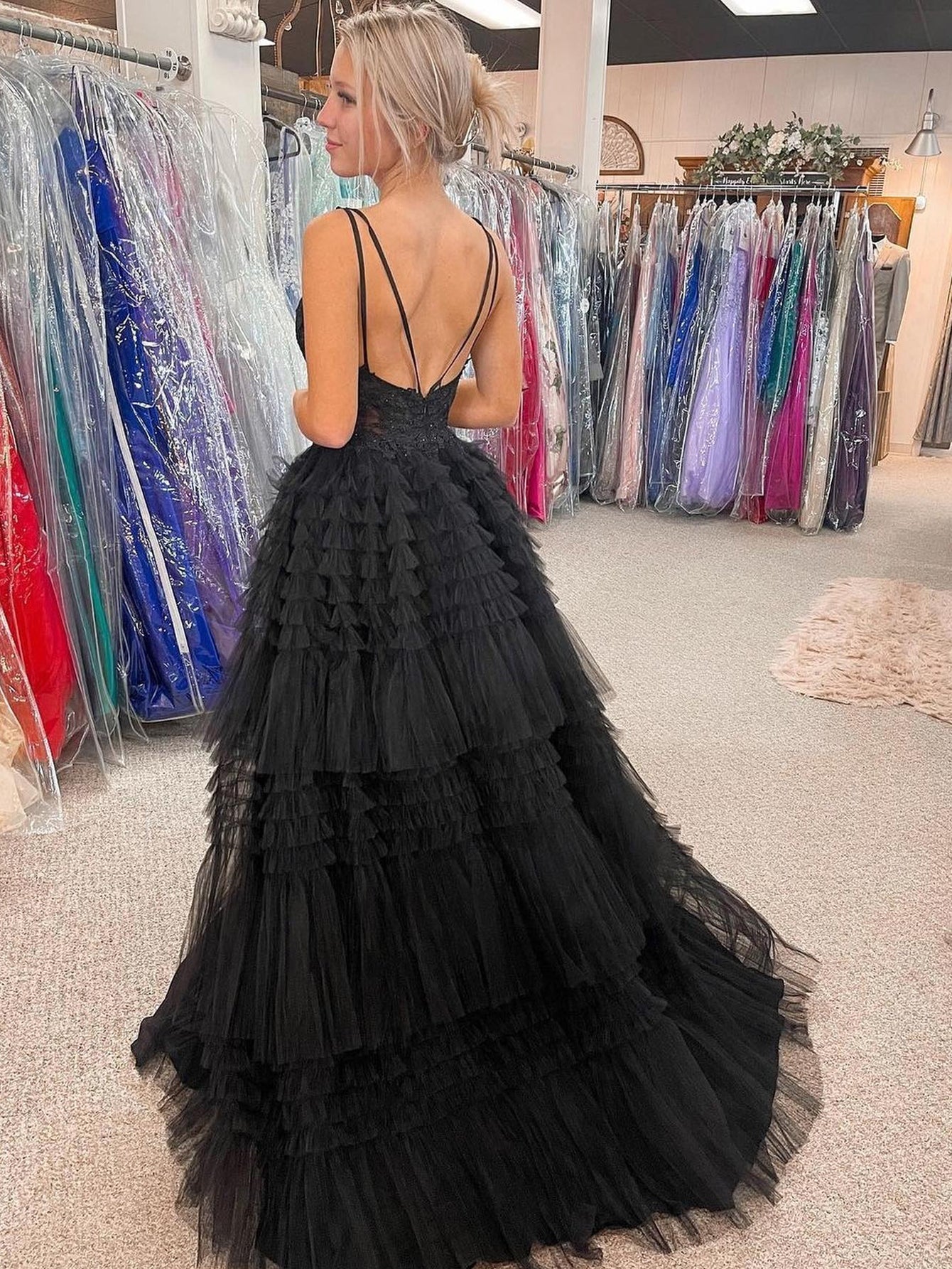  Black V Neck Asymmetrical Tulle Long Prom Dress - Prom Dress - DYAVOR® 