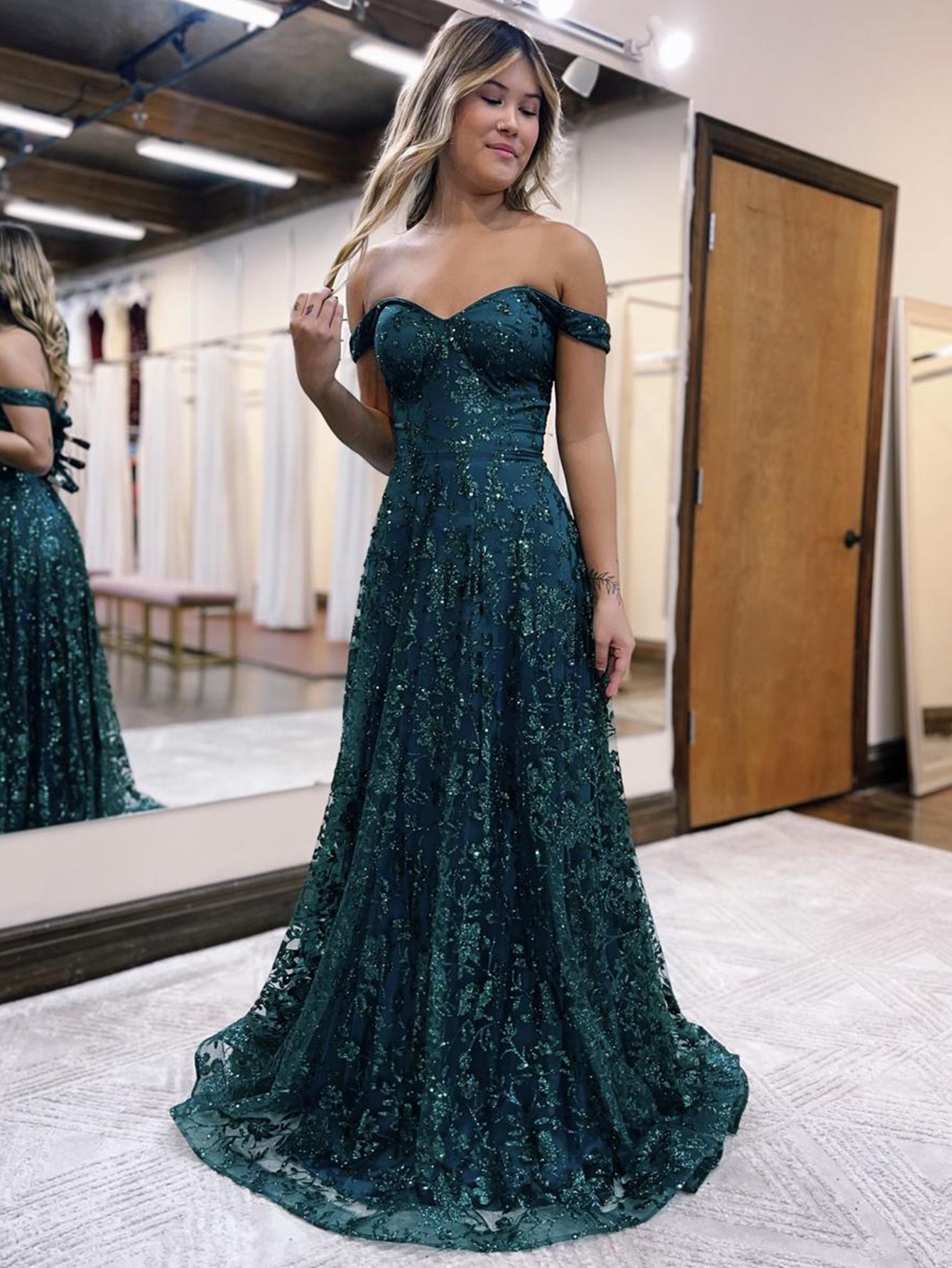  Glitter Mermaid Off The Shoulder Dark Green Long Prom Dress - Prom Dress - DYAVOR® 